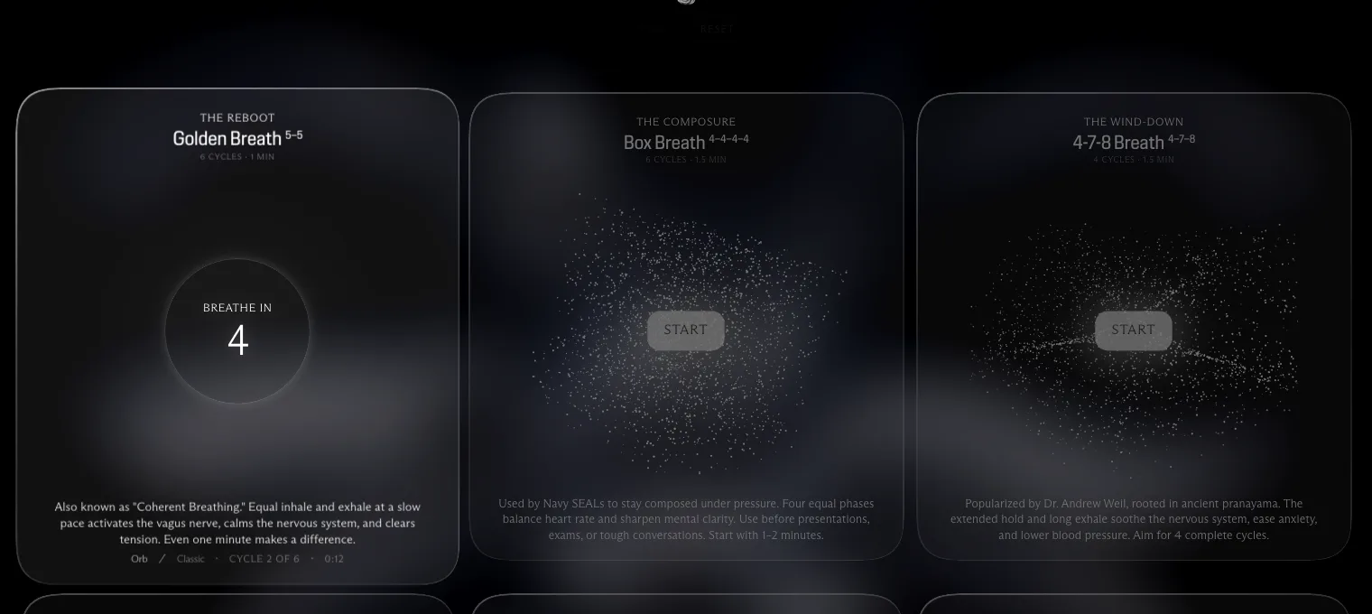 Breathing exercises as cards, each with its own particle form, the first one running at Breathe in, four.