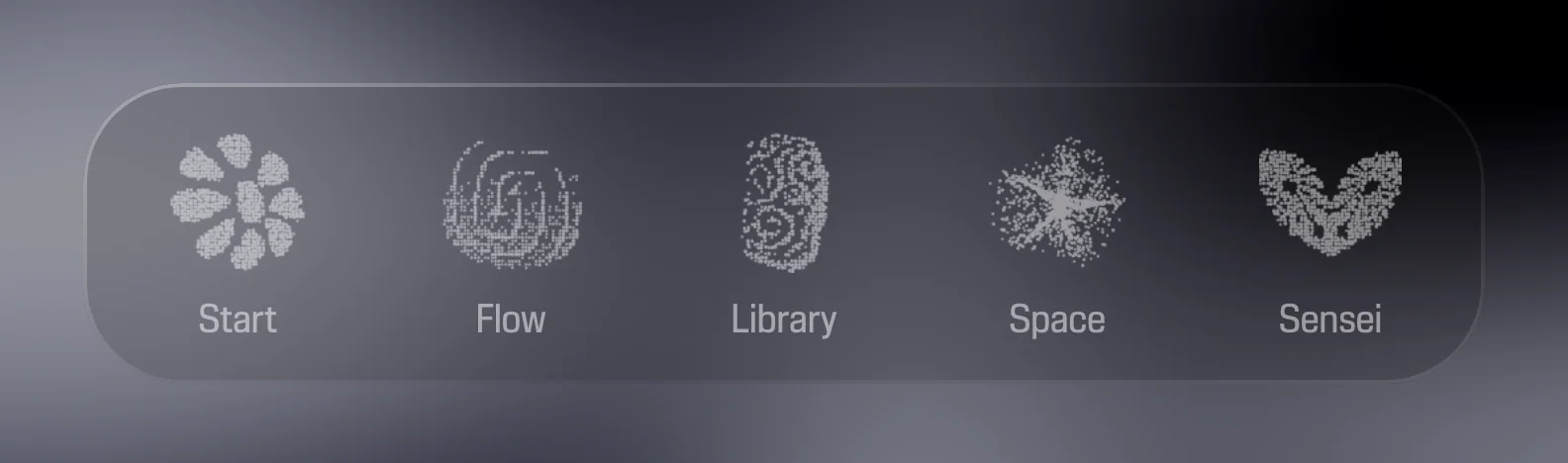 The bottom bar on glass: Start, Flow, Library, Space and Sensei, each icon a field of dots.