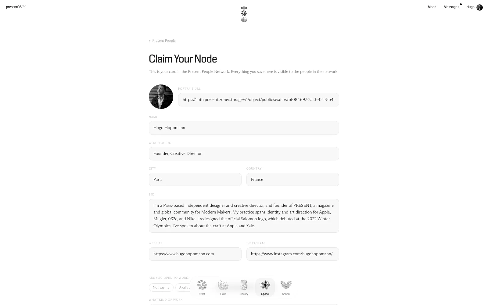 The Claim your node form in presentOS, filled in with Hugo’s portrait, name, what he does, city, bio and links.