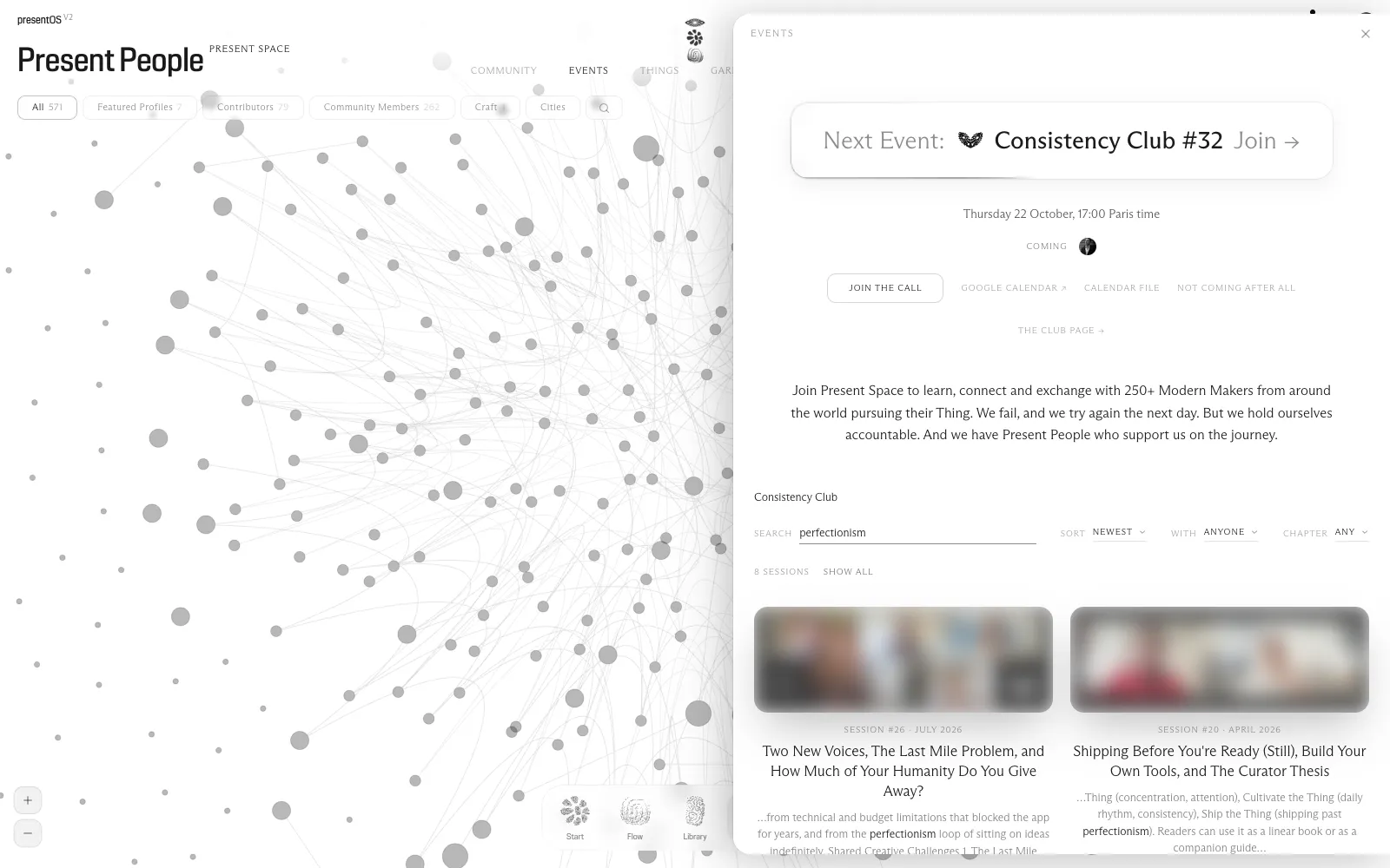 The Events tab in Present Space: the next Community Call on top, and below it the recaps, searched for the word perfectionism.