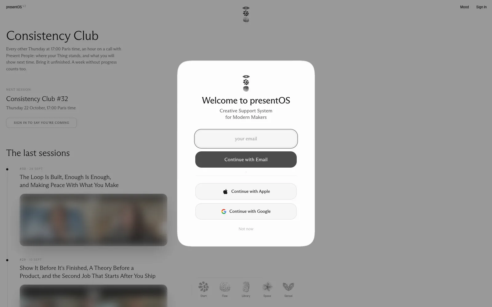 The presentOS sign-in window: a field for your email, then Continue with Apple and Continue with Google.