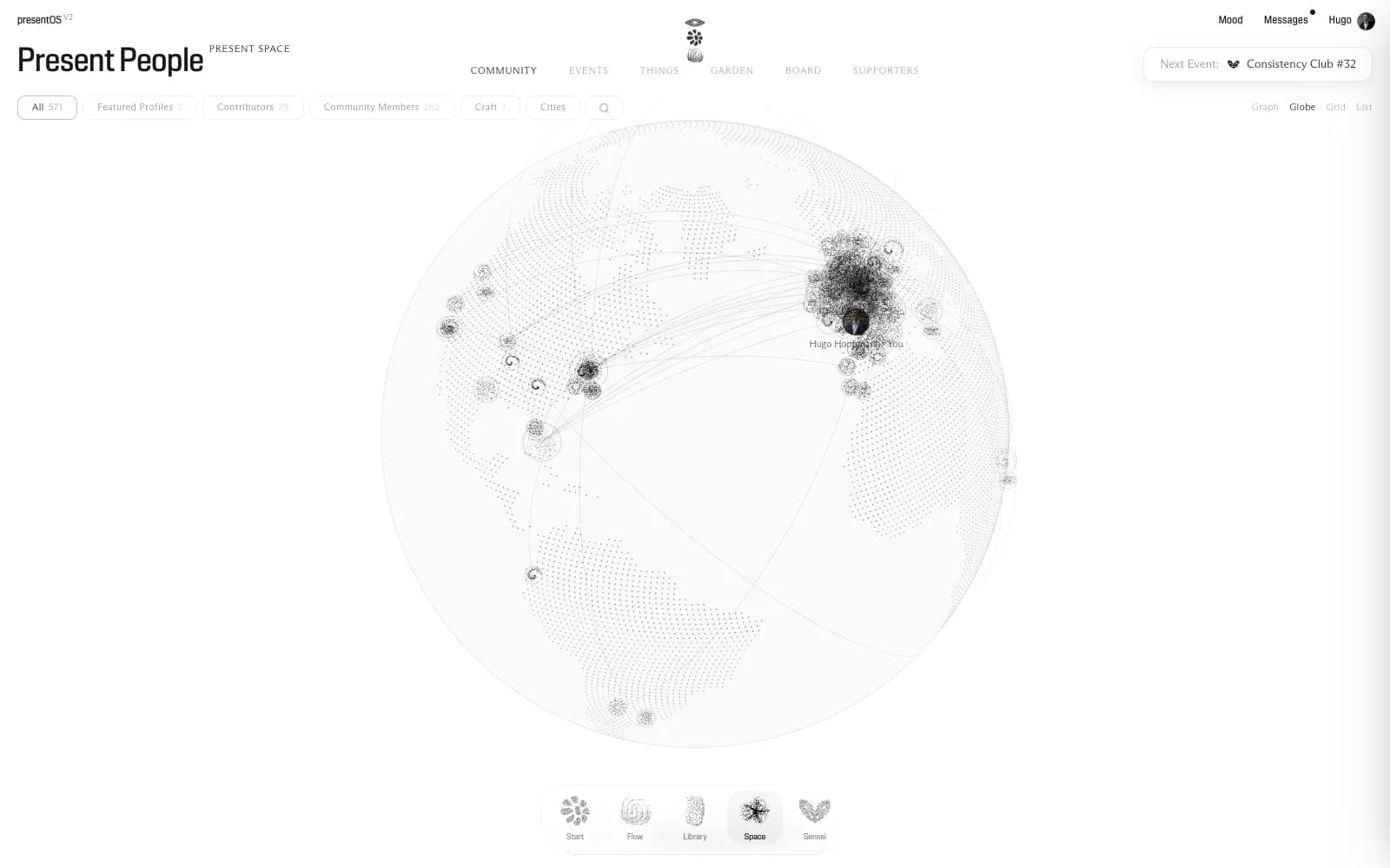 Present Space in presentOS: the people of PRESENT on a globe of fine dots, gathered where they live, with Hugo’s node in Paris.