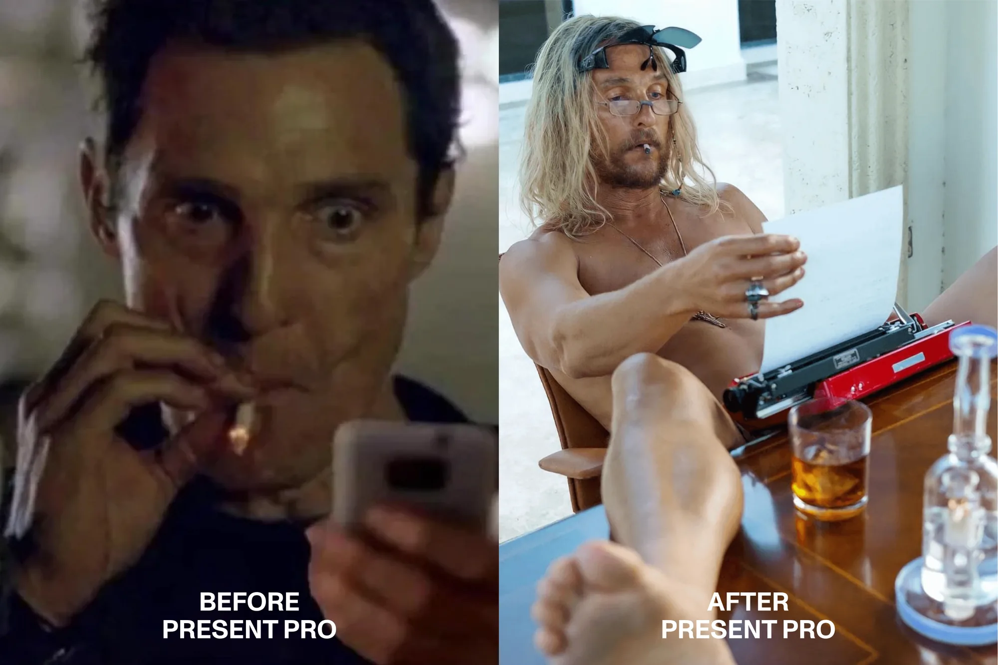 Before Present Pro: a man, cigarette in hand, stares wide-eyed at his phone. After Present Pro: the same man at a red typewriter, feet on the desk, completely at ease.