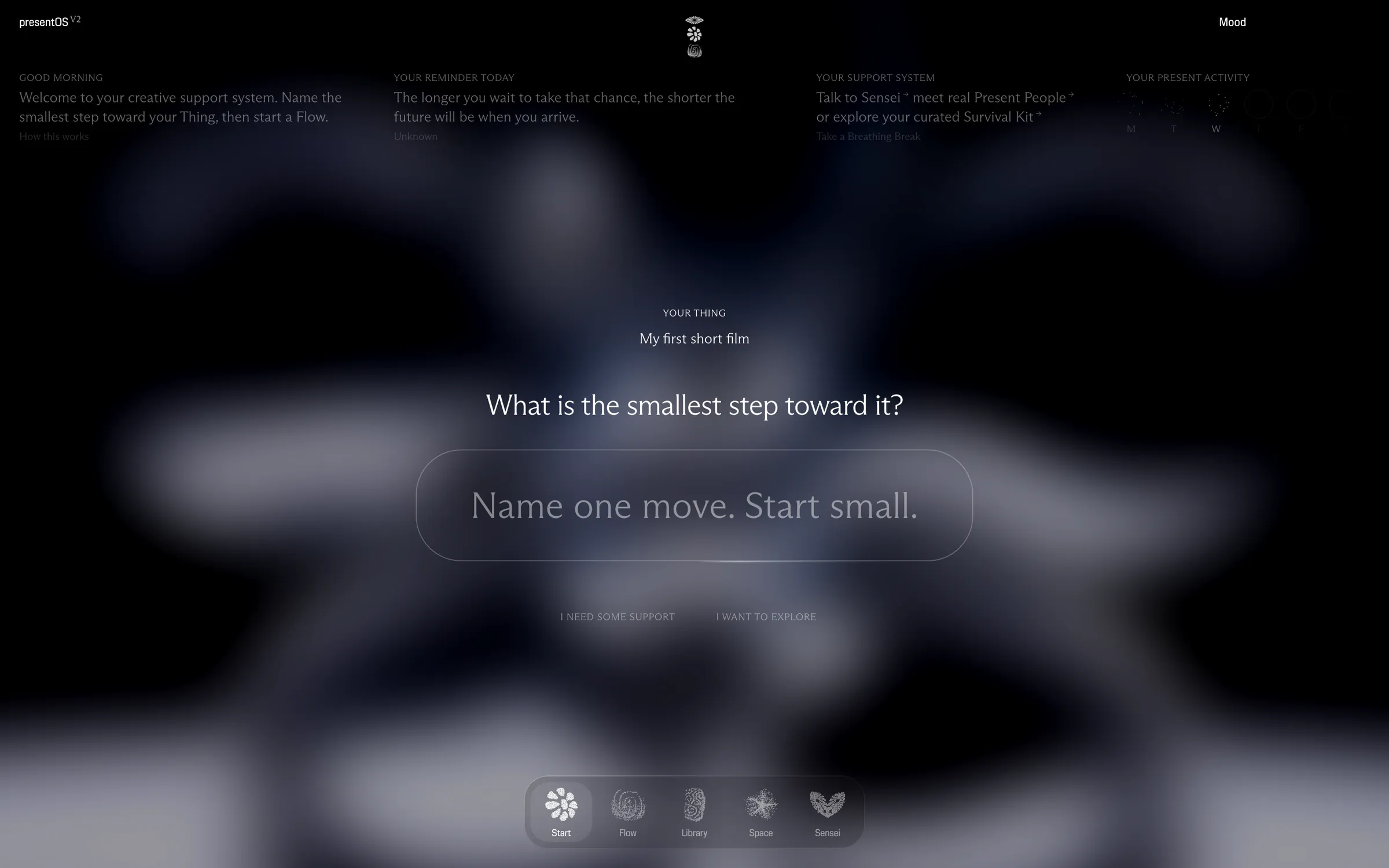Start in the Velvet mood: the Thing above the question What is the smallest step toward it?, and a field to name one move.