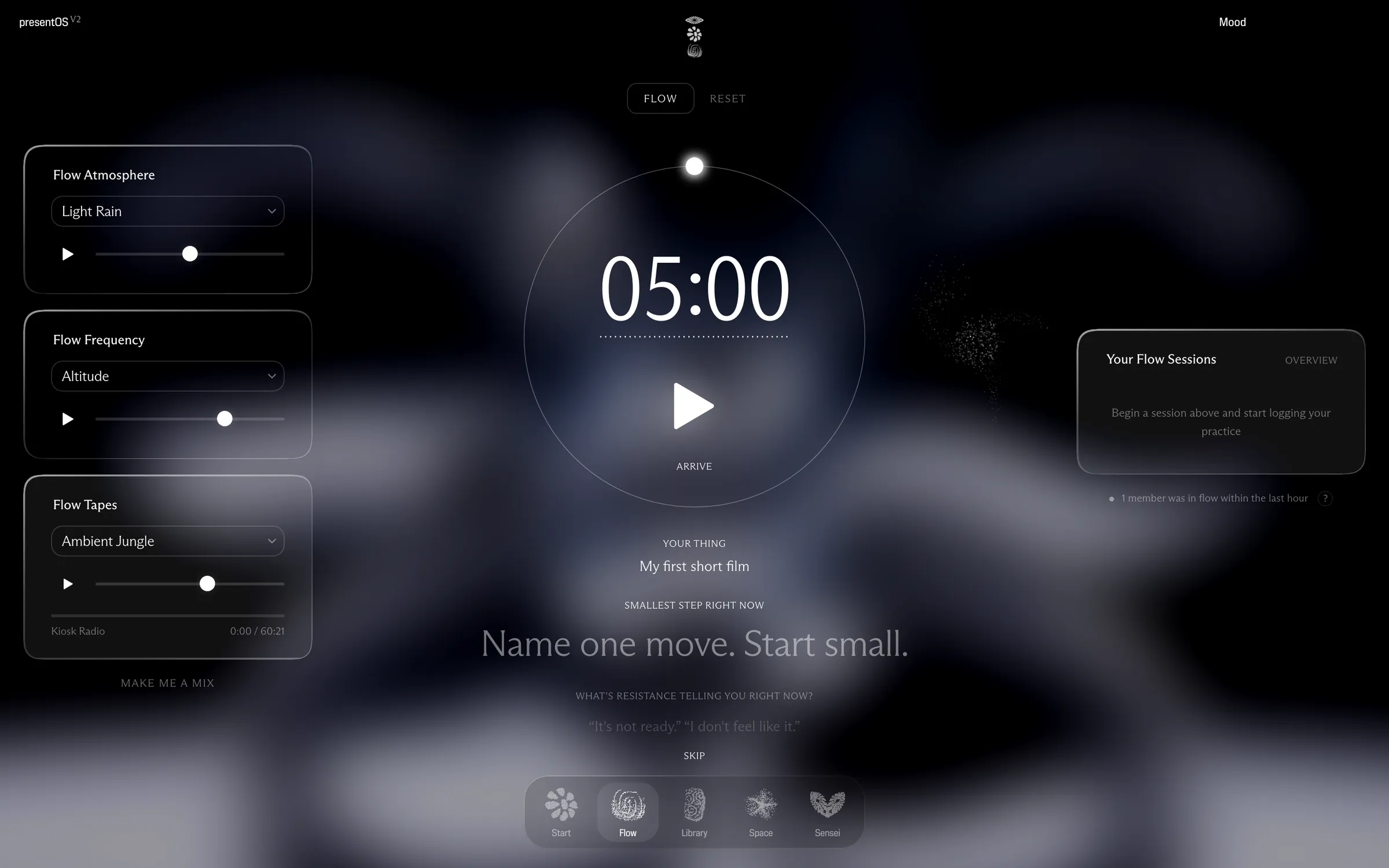Flow at five minutes: the clock with the Thing and today's step under it, and the panels for atmosphere, frequency and tapes.