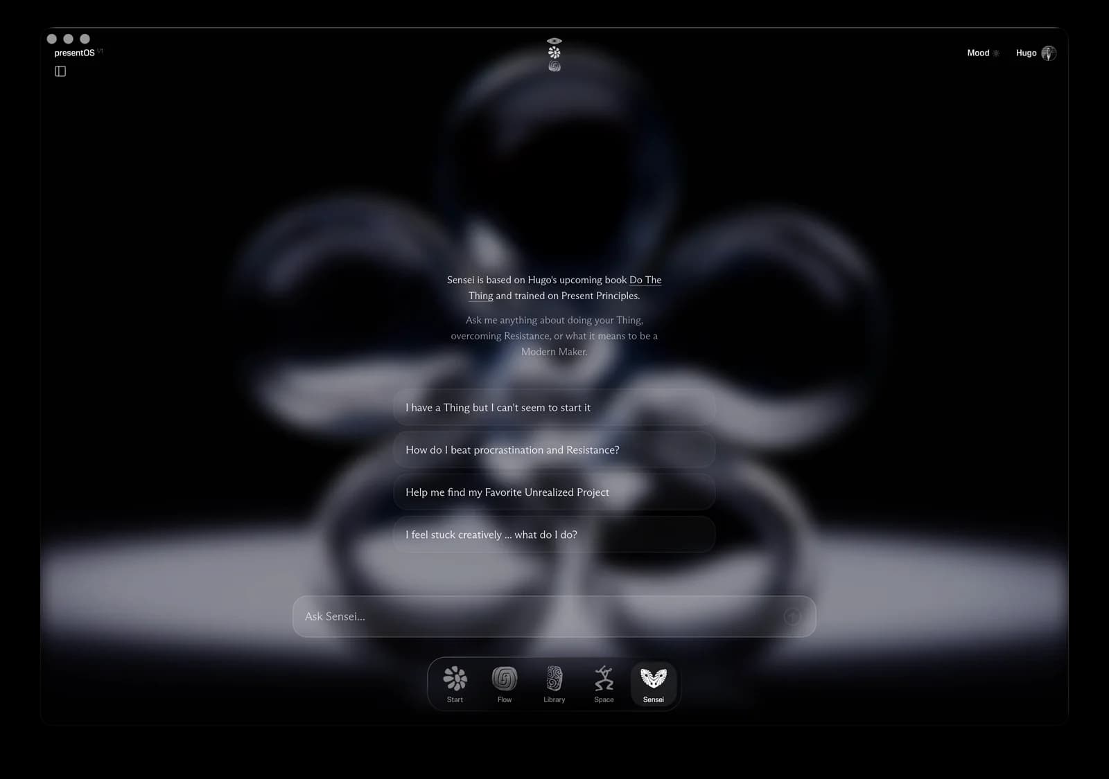 Sensei on a wide screen, its words on one soft panel over the mood's backdrop.